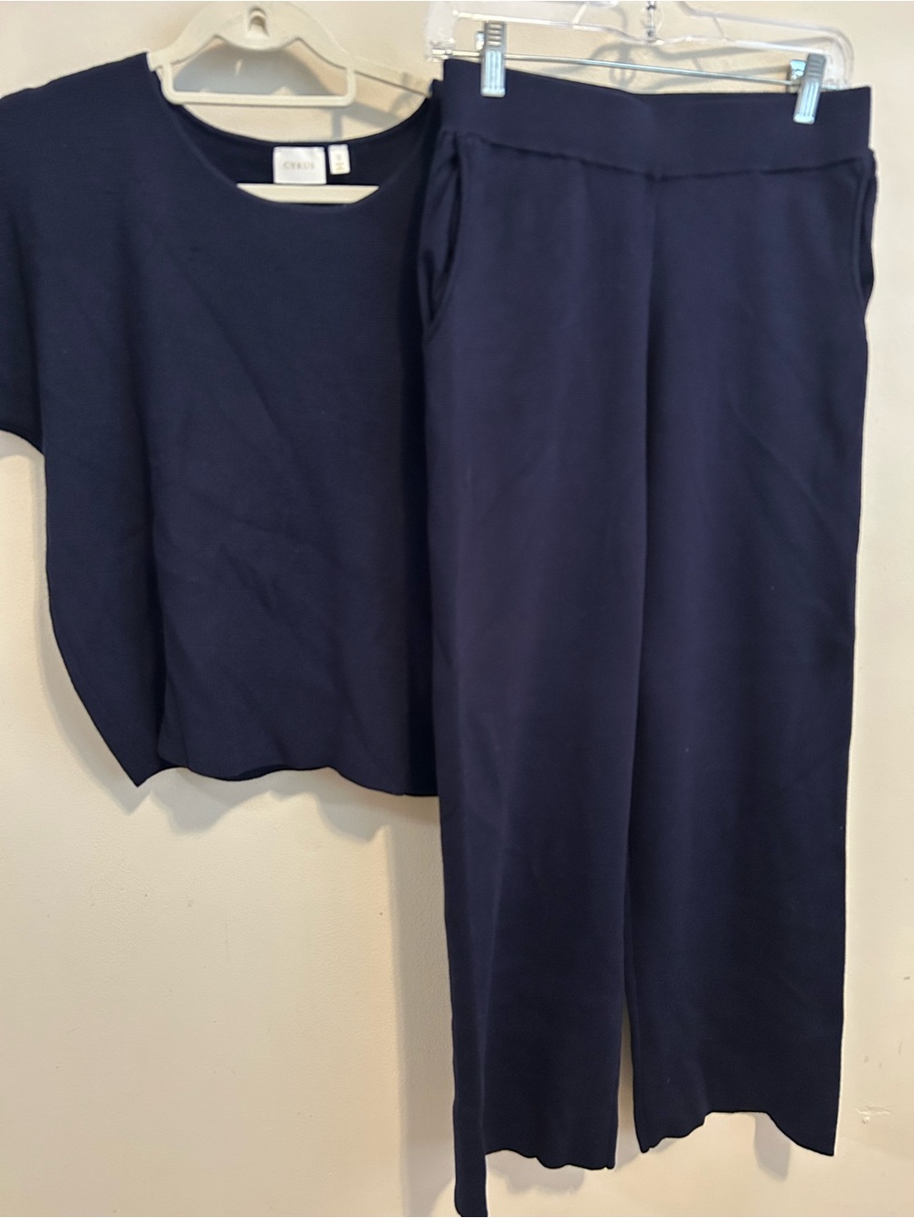 Cyrus Matching Set 2 PC Navy Blue Sweater Knit Top Wide Leg Travel Lounge Pants